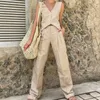 Women's Two Piece Pants Cotton Linen Waistcoat Pant Sets 2023 Summer Lady Tank Set Elegant Sleeveless Single Breasted Top Women Suit