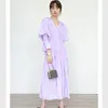 Casual Dresses French Midi Dress For Women Temperament Drawstring Waist V-neck Flared Sleeve Mid-length Skirts Purple F