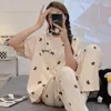 Pijamas femininos verão 3xl conjuntos de pijama de manga curta kawaii meninas pjs tecido de malha dos desenhos animados pijamas lounge casa mujer