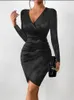 Casual Dresses Sexy Women's Deep V-neck Long Sleeve Bodycon Mini Dress Autumn Winter Black Slit Slim Bag Hip Elegant Fashion Streetwear