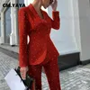 Tweedelige broek voor dames cm.yaya Autumn Winter Dot Damesset met lange mouwen Blazer Tops + Pants Suit Office Lady Tracksuit Tweede stuks Set Fitness Outfits T231204