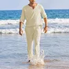 Men's Tracksuits Two Piece Sets Cotton Linen Suit Solid Long Sleeve Shirts V Neck T-shirts Pants 2023 Summer For Men Vintage Loose Outfits