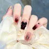 Накладные ногти 2024 года, красные накладные французские ногти для женщин, темно-сливовый соус, цветочный декор, искусственная смола