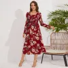 Kvinnors kläddesigner Casual Dresses Woman Solid Floral Garden Style Långärmad kvinnlig snörning Hög midja klänning