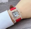 Berömd fyrkantig romersk tanklocka Luxury Fashion Crystal Diamonds Ring Watches Women Quartz Movement Red Blue Pink Leather Strap Chain Armband Wristwatch Presents