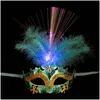 Party Masks Epacket 10Pcslot Led Halloween Party Flash Glowing Feather Mask Mardi Gras Masquerade Cosplay Venetian Masks Costumes Drop Dhedt