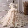 Kız Elbiseler Şampanya 3D Aplike Lüks Tül Çiçek Elbise Düğün Boncuk Sequin Çocuklar Doğum Günü Pageant İlk Cemaat Balo Keçisi