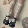 Barn strumpor söta vita svart med ruffles spetsbåge stitch stockings sommar vår tunna mesh barn koreanska knä höga långa strumpor för flickor R231204