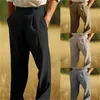 Мужские брюки, льняные брюки с двойными складками, передний карман, прямая трубка, однотонная, M, полоса для одежды, 1, мужские повседневные облегающие мужские брюки