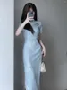 Etniska klädkvinnor High-Fashion Blue Long Cheongsam Dress Vintage Chinese Traditionella korta ärmklänningar Autumn Improved Qipao S2439