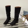 Bot kadın sarkık diz yüksek bot süet deri geniş buzağı uzun ayakkabılar kare ayak parmağı kalın topuklu marka tasarımı kış artı boyut 42 231204