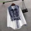 Arbetsklänningar Kvinnor 2023 Spring Fall Fashion Denim Shirt Mesh Midi kjol Två stycke koreansk elegant långärmad blusklänning matchande uppsättning