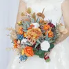 Flores decorativas yan outono buquês de casamento para noiva queimado laranja terracota artesanal artificial buquê de noiva decoração