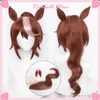 Feestartikelen Umamusume: Pretty Derby Tokai Teio Cosplay Pruik Oren Staart Krullend Paardenstaart Synthetisch haar Gemengd Bruin Spel Anime Hoofddeksels