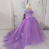 Robes de concours pour filles, faites à la main, à fleurs violettes 3D, pour mariage, robes de fête d'anniversaire transparentes avec nœud, première Communion