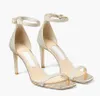 Gold Femmes Sandal Designer Talons hauts Alva 85mm Sandales Glitter Cuir Bout ouvert et bride à la cheville Robe de mariée à talons fins Chaussures sexy avec boîte 35-43EU