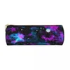 Cosmetic Bags Colorful Purple Galaxy Round Pencil Case Watercolor Stars Print For Child Kawaii Leather Box Stationery Zipper Pen