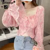 Blouses Femmes Sexy Kawaii Doux Col Carré Imprimer Party Club Crop Tops Pour Femmes Mode Plissée Slim Manches Longues Chic Chemises En Mousseline De Soie