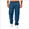 Pantalones de hombre Casual Multi bolsillo suelto recto cargo cintura elástica pantalón