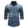 Camisas casuais masculinas homens macho manga longa denim jeans listra azul de alta qualidade algodão básico street wear xxl