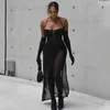 Two Piece Dress Women Sexy Sheer Mesh 3 Piece Sets Strapless Lace Up Halter SKinny Jumpsuit Tie Maxi Skirt Long Sleeve Gloves Club Party Suits T231204