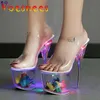 Sandálias iluminam sapatos brilhantes LED Mulher Luminosa Sandálias Claras Hyaline Hollow Pétala Plataforma À Prova D 'Água Salto de Casamento Sapatos Stripper 231204