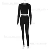 Kvinnors tvåbitar byxor Solid Slim Two Piece Set Women Tracksuits O-Neck Long Sleeve Crop Tops High midje Skinny Pants Casual Fitness Jogger Suits T231204