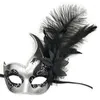 Party Supplies Feather Women Handheld Masquerade Masks With Stick Crack Fashion Elegant Halloween Carnival Easter Cosplay Show Black Red