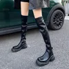 Stövlar punk svart länge för kvinnor 2023 Autumn Square Toe Y Platform Knee High Woman Pu Leather Heels Motorcykel Botas 231215