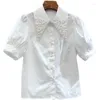 Damesblouses Fashion Design Kralen Witte Damesoverhemden Pofmouwen Omgeslagen kraag Elegant Kantoor Dame Uitloper Jassen Topkwaliteit