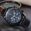 Omegaer roestvrij staal zes naalden chronograaf designer polshorloges heren heren quartz horloge met alle wijzerplaat luxe merk klok zwarte lederen band saffiermontre