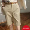 Shorts femininos wtempo verão cintura alta na altura do joelho calças retas com cinto senhora do escritório moda cáqui preto casual curto