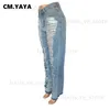 Damenjeans CM.YAYA Blue Denim-Hosen für Frauen 2023 Sommer Streetwear Fashion Cutout Ripped Hollow Out Wide Leg Straight Jeans Hosen T231204
