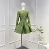 Casual Dresses Solid 2023 Green Arrivals Spring Summer Vintage High Quality Linen Silk Long Sleeve Waist Folds Woman Mini Dress For Party