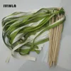 Party Decoration Est 50pcs/lot Green And Cream Ribbon Wands With Gold Bell For Wedding