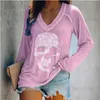 Camiseta para mujer Casual Zircon Impreso Cráneo Camisetas Mujeres V Cuello Manga larga Chicas jóvenes Otoño Primavera Suelta Blusa de gran tamaño Tops 5XL T231204