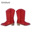 Botas Unishuni Cowboy para crianças meninas moda sapatos de salto crianças glitter ocidental com zip primavera outono joelho bota 231204