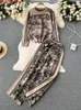 Calças femininas de duas peças outono inverno 2 peças conjunto de malha animal impressão conjuntos de malha mulheres o pescoço manga longa malhas perna larga roupas casuais