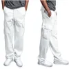 Calças masculinas homens carga jogger outono inverno sweatpant casual sólido multi-bolso solto macacão de perna reta calças de treino de fitness