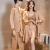 Men's Sleepwear Summer Ice Silk Men Pajamas Women Lace Trim Robe Sets Home Service Suit Casual Couples Nightwear