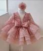 Girl s Dresses Luxury Child Girl Wedding Dress Bow Green Party Sequined Tiered Tulle Sleeves Puffy Flower For Weddings 231204