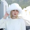 Wide Brim Hats Bucket Winter Cow Faux Fur Fluffy Hat for Women Plush and Scarf Set Wind Shield Ear Cap Fisherman Girl 231204