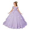 Flickaklänningar 3D Applique Flower for Wedding Tulle Off Axel Princess Elegant Dress Long Kids First Holy Communion Ball klänningar