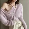 Tricots pour femmes Mode Automne Hiver 2 Pièces Pull en tricot doux Noir Rose Sexy Halter Mini CamisManches longues Cardigan court Bleu Beige