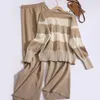 Women's Two Piece Pants Suit Autumn Winter Korean Striped V-neck Knitted Cardigan Solid Color High Waist Wide Leg Fashion Two-piece Set