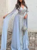 Long Sleeves Arabic Kaftan Formal Evening Dresses Light Sky Blue V-Neck A Line Chiffon Prom Dress Silver Lace Appliques Elegant Floor Length Formal Occasion Gown 2024