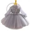 Robes de fille douce solide col rond manches longues fleur filles maille épissé arc conception paillettes princesse robe de bal fermeture éclair robe de fête d'anniversaire