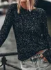 Koszulka damska błyszczące cekiny okrągłe szyi dla kobiet mody bez pleców rozłamane rękawy Slim Pullover 2023 Y2K Party Female Streetwear T231204