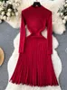 Casual Kleider SINGREINY Winter Stricken Plissee Kleid Frauen Solide Elegante O Hals Langarm Weiche Damen Mode Warm Slim Midi