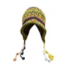 Bérets Stripe Pattern Ethnique Rétro Crochet À La Main Chapeau Femmes Coupe-Vent Hiver Chaud Coloré Gland Bonnet Patinage Camping Cap